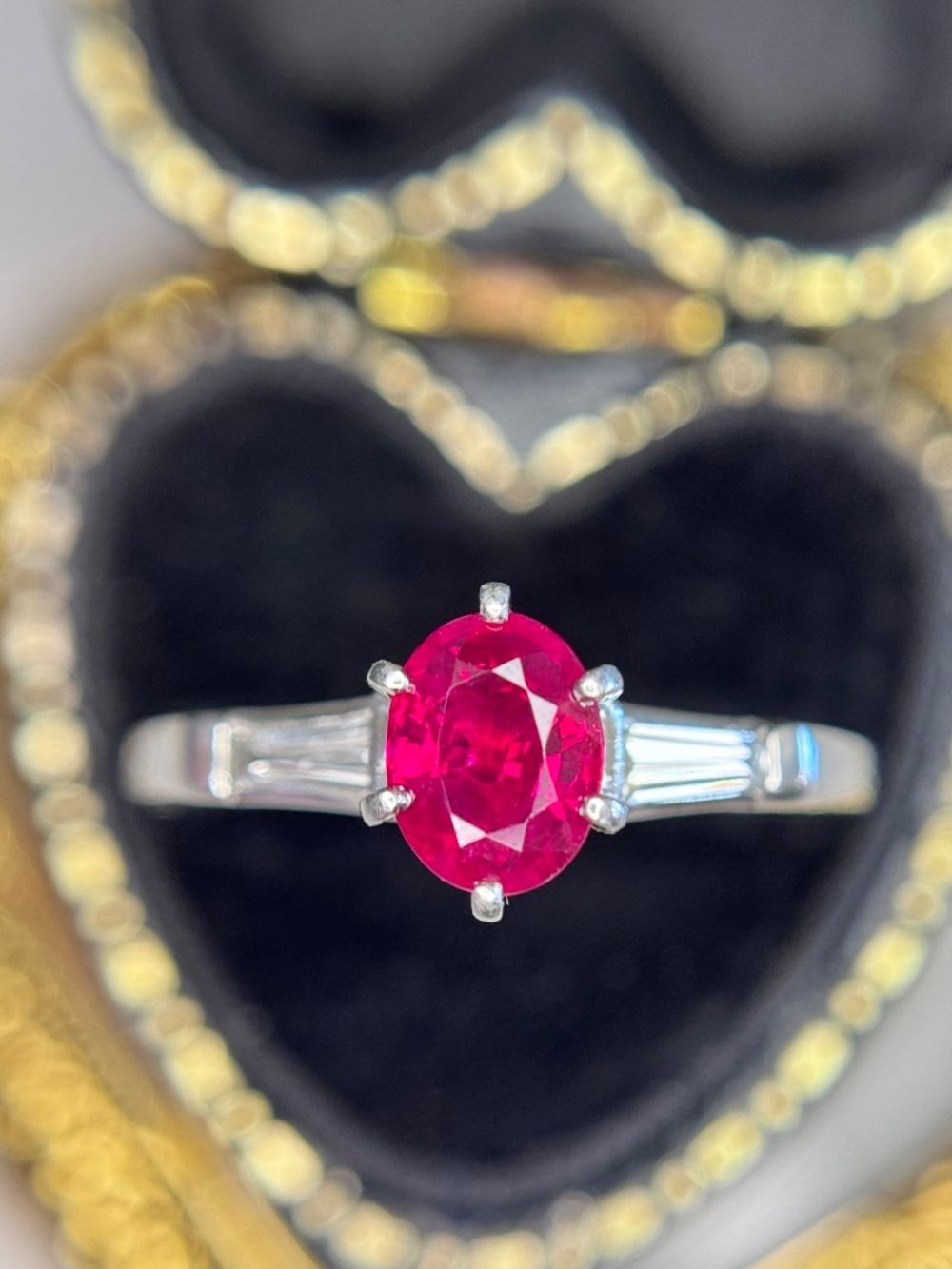 Estate 1.25 ctw Oval Ruby Baguette Diamond Ring in Platinum